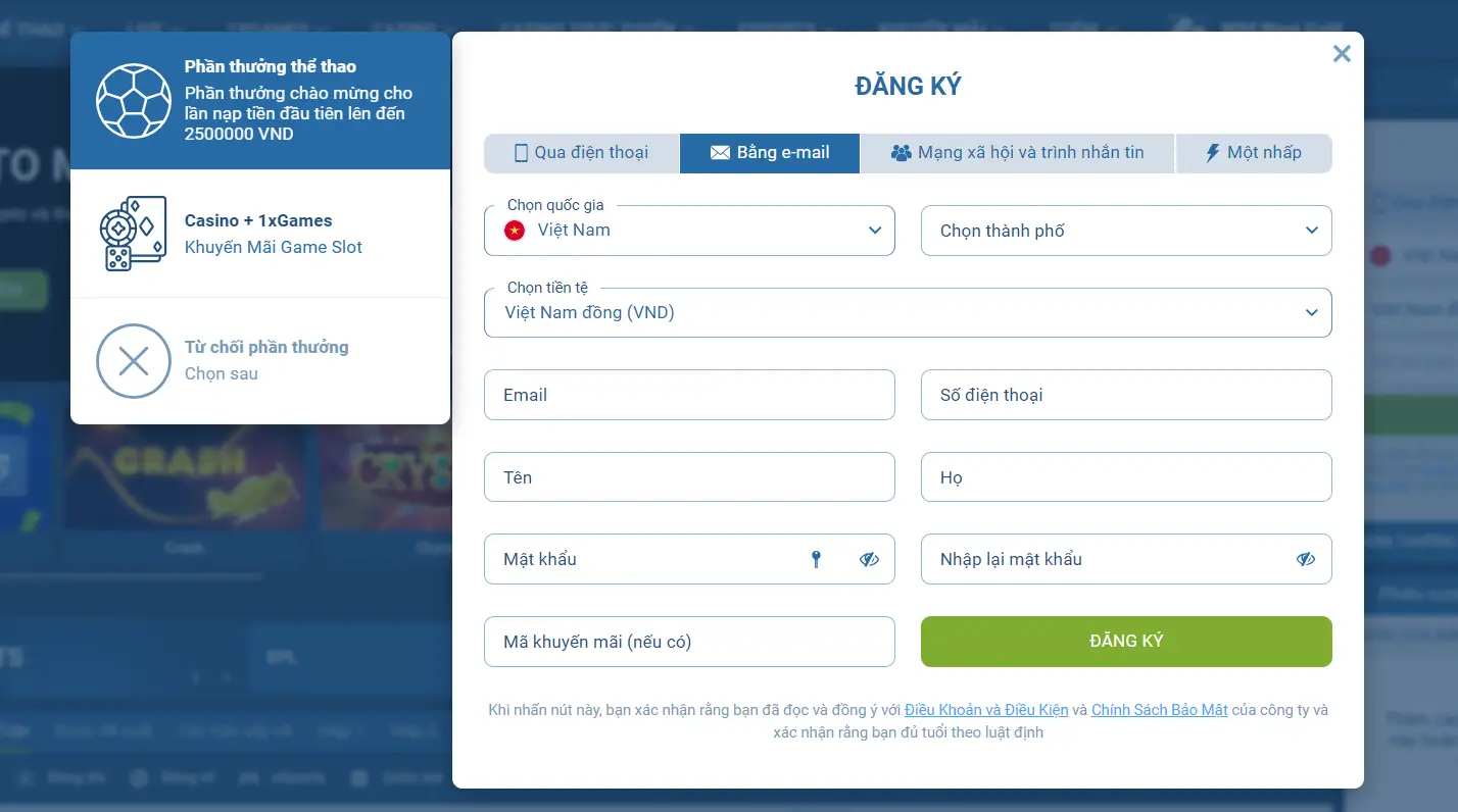 1xBet Online Casino Interface with Slots Selection
